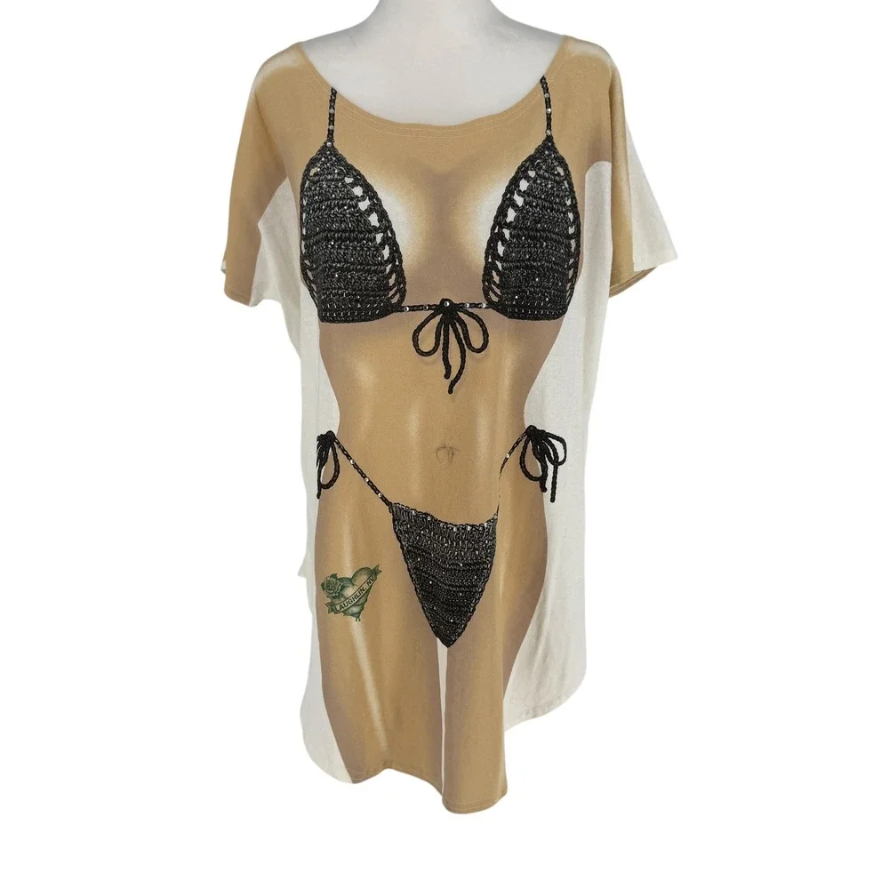 LA Imprints My Bikini Body Graphic Cover Up T-Shirt Crochet Print Belly Piercing